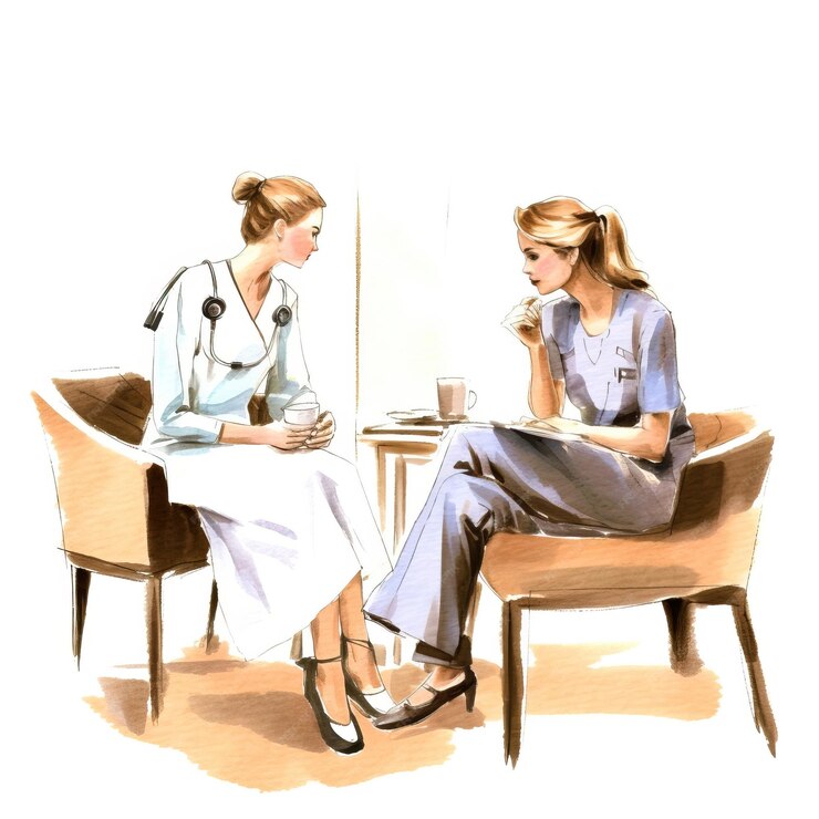 een tekening van twee vrouwen in labjassen die met elkaar praten 873925 929070